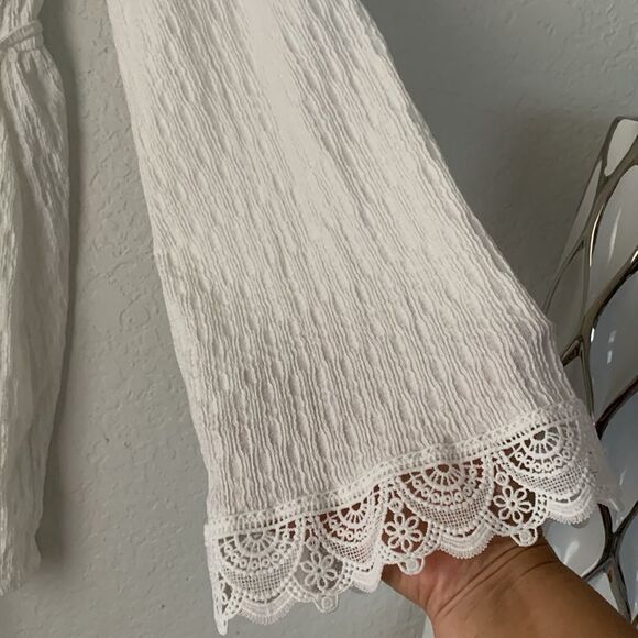 ASOS Design Textured White Crochet Trim Wrap Long Sleeve Mini Dress Size 6 - Picture 9 of 12